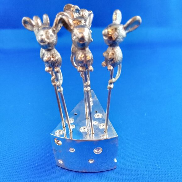 vtg set 6 mouse cheese picks and silverplate holder with crystals charcuterie - Picture 3 of 11